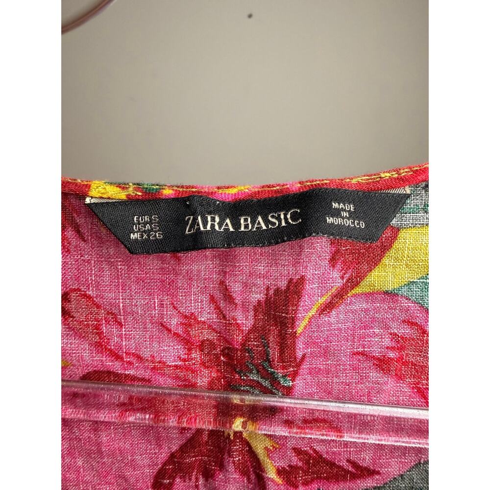 Zara Basic 100% Linen Tropical Floral Twist Front Top - Picture 4 of 5